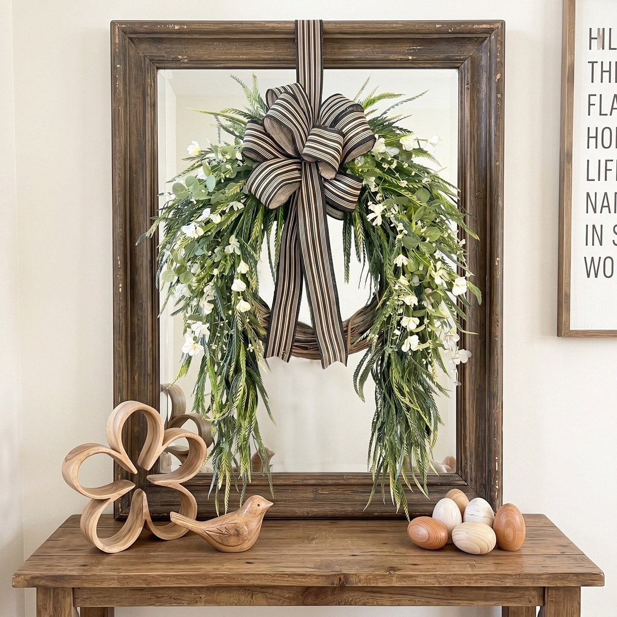 Artificial Greenery Wreath with Striped Bow and White Berries Pine Fern Eucalyptus Door Wall Hanging Decor