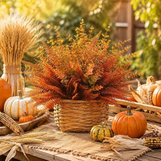 Orange faux Boston fern bush in a wicker basket centerpiece surrounded by pumpkins, wheat stalks, and corn on a rustic wooden table