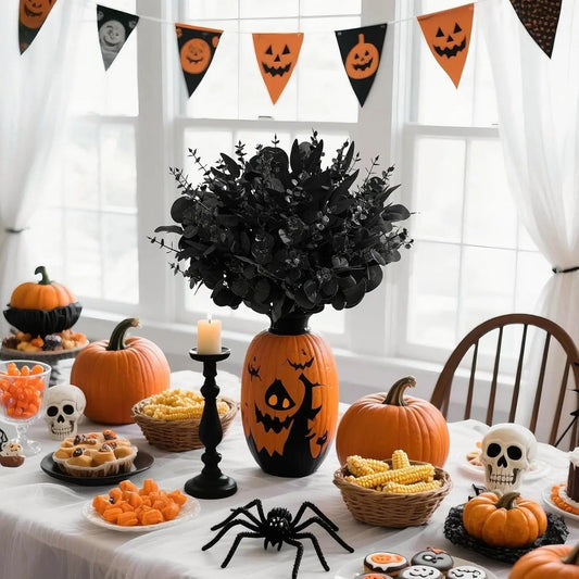 Mixed black artificial eucalyptus stems arranged in a jack-o-lantern vase as a Halloween party table centerpiece with pumpkins, skulls, candy corn, and spider decorations