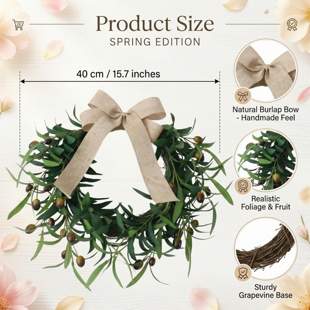 Olive Wreath, 15.7" Artificial Olive Floral Teardrop Faux Green Olive Garland Fake Olive Easter Holiday with Bow Realistic Olive Home Wedding Arch Party Home Wall Garden Decorations