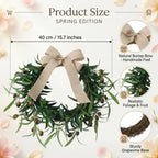 Olive Wreath, 15.7" Artificial Olive Floral Teardrop Faux Green Olive Garland Fake Olive Easter Holiday with Bow Realistic Olive Home Wedding Arch Party Home Wall Garden Decorations