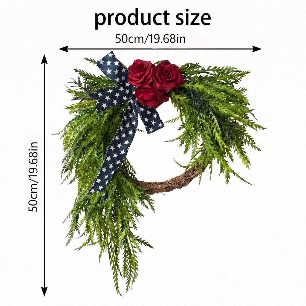 Patriotic Cascading Wreath Front Door Decor Red Rose American Flag Star Ribbon Green Foliage 4th of July Memorial Day Home Porch Wall Art