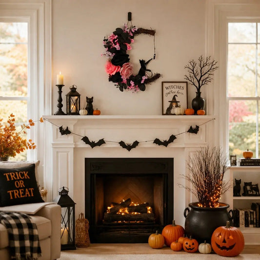 Pink black Halloween crescent moon cat wreath displayed above a fireplace mantel with pumpkins, bat garland, and witchy Halloween decor in a cozy living room
