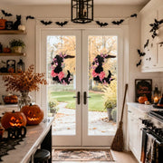 Pink & Black Halloween Wreath – Crescent Moon & Cat, Pastel Goth