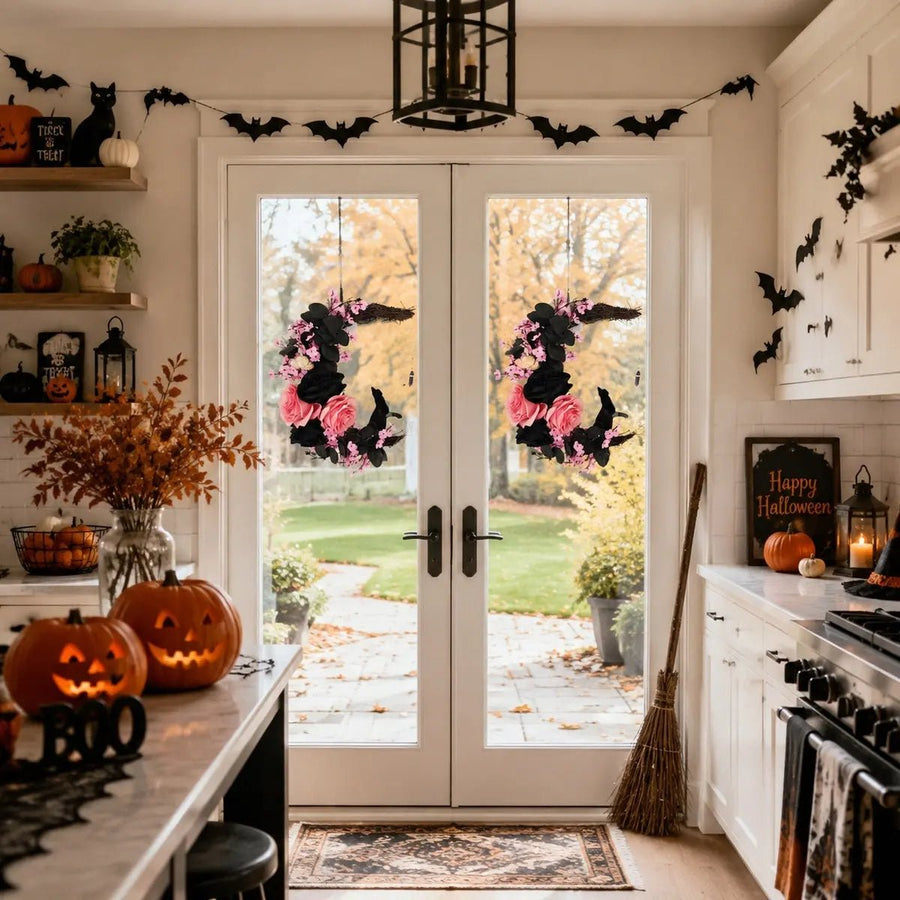 Pink & Black Halloween Wreath – Crescent Moon & Cat, Pastel Goth