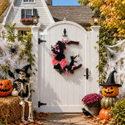 Pink & Black Halloween Wreath – Crescent Moon & Cat, Pastel Goth