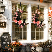 Pink & Black Halloween Wreath – Crescent Moon & Cat, Pastel Goth
