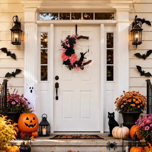 Pink black pastel goth Halloween wreath with crescent moon and cat hanging on a white front door surrounded by jack-o-lanterns, ghost, and fall flowers