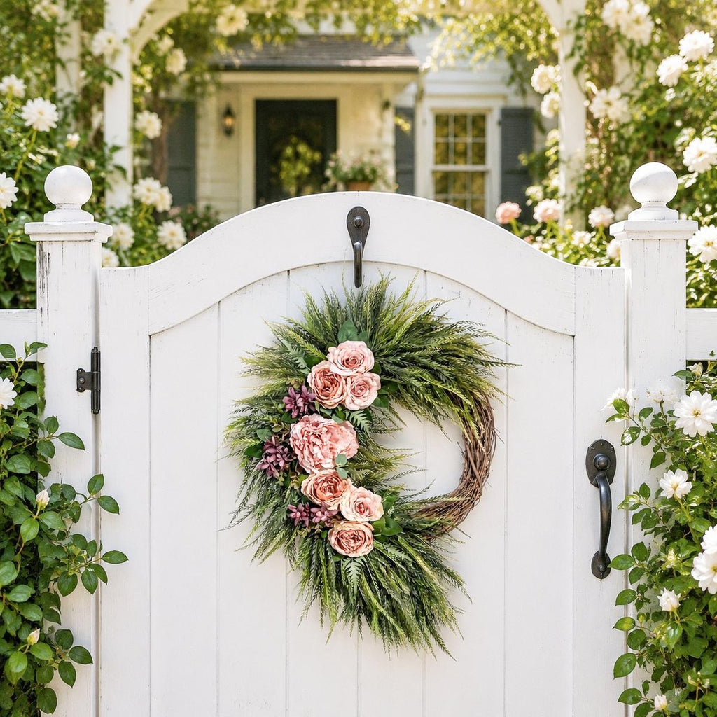 Asymmetric Pink Rose Wreath Front Door Decor Boho Fern Garland Spring Summer Home Wall Hanging Porch Art