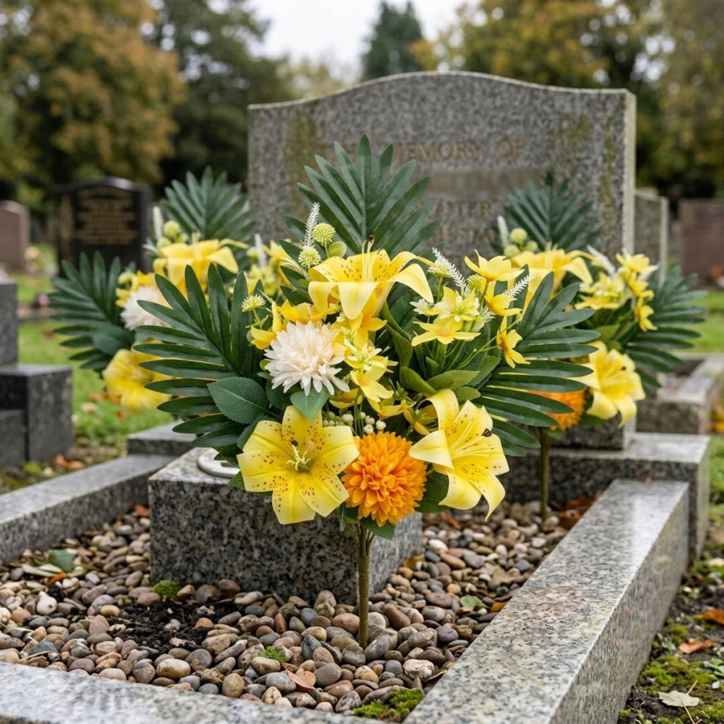 Cemetery Flowers for Grave, Outdoor Lily Chrysanthemum Hydrangea Rose Artificial Flowers Grave Flowers with Cemetery Vase, Lasting and Non-Bleed Colors