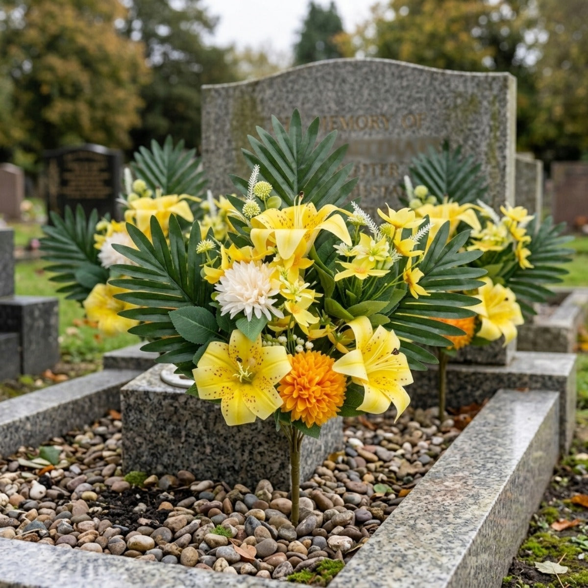 Cemetery Flowers for Grave, Outdoor Lily Chrysanthemum Hydrangea Rose Artificial Flowers Grave Flowers with Cemetery Vase, Lasting and Non-Bleed Colors