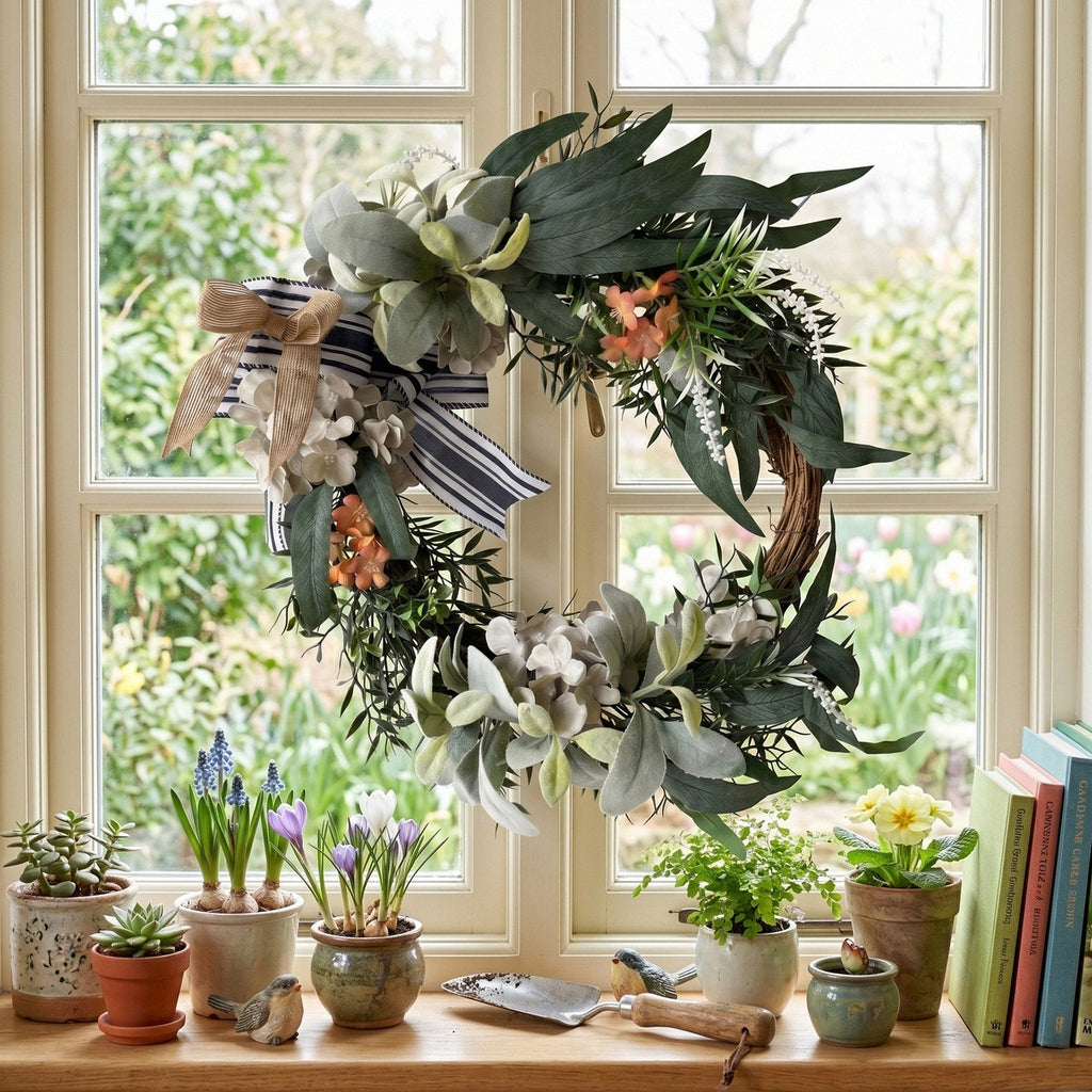 Modern farmhouse front door wreath with hydrangea arranged for neutral green leaf by IPOPU