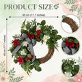 Artificial Spring Wreath for Front Door, Faux Red White Floral Grapevine Wreath with Eucalyptus Greenery Bow, Farmhouse Outdoor Porch Fence Wall Decor