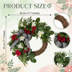 Artificial Spring Wreath for Front Door, Faux Red White Floral Grapevine Wreath with Eucalyptus Greenery Bow, Farmhouse Outdoor Porch Fence Wall Decor