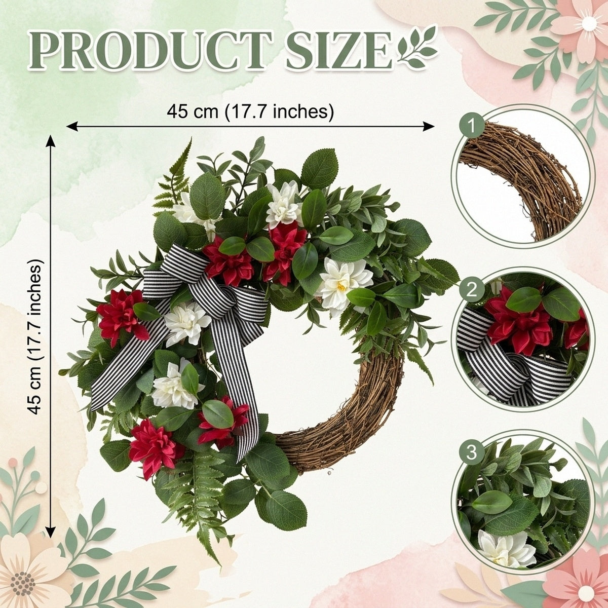 Artificial Spring Wreath for Front Door, Faux Red White Floral Grapevine Wreath with Eucalyptus Greenery Bow, Farmhouse Outdoor Porch Fence Wall Decor