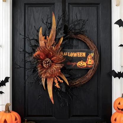 Halloween Glitter Pumpkin Spider Wreath for Front Door, Orange Black Berries Wreath for Indoor Outdoor Halloween Home Decor, Thanksgiving, Autumn Celebrations, Porch, Entryway, Mantel and Wall