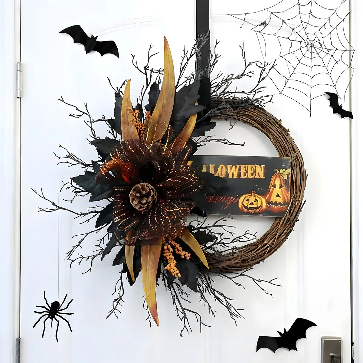 Halloween Glitter Pumpkin Spider Wreath for Front Door, Orange Black Berries Wreath for Indoor Outdoor Halloween Home Decor, Thanksgiving, Autumn Celebrations, Porch, Entryway, Mantel and Wall