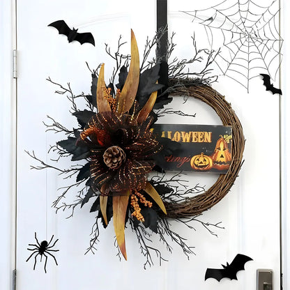 Halloween Glitter Pumpkin Spider Wreath for Front Door, Orange Black Berries Wreath for Indoor Outdoor Halloween Home Decor, Thanksgiving, Autumn Celebrations, Porch, Entryway, Mantel and Wall