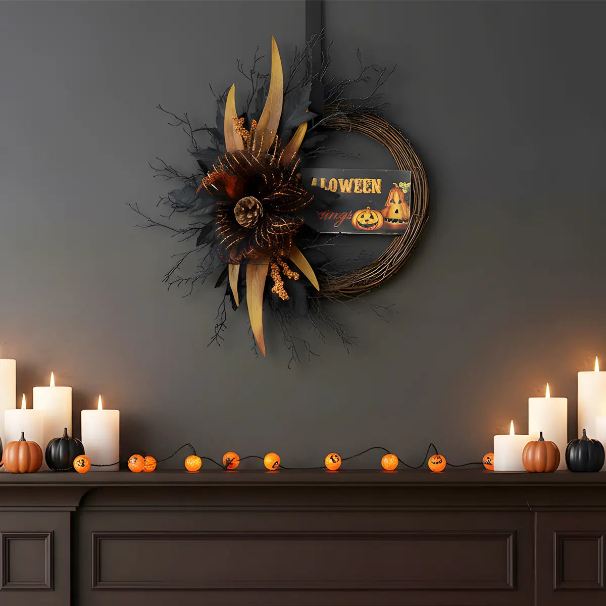 Halloween Glitter Pumpkin Spider Wreath for Front Door, Orange Black Berries Wreath for Indoor Outdoor Halloween Home Decor, Thanksgiving, Autumn Celebrations, Porch, Entryway, Mantel and Wall