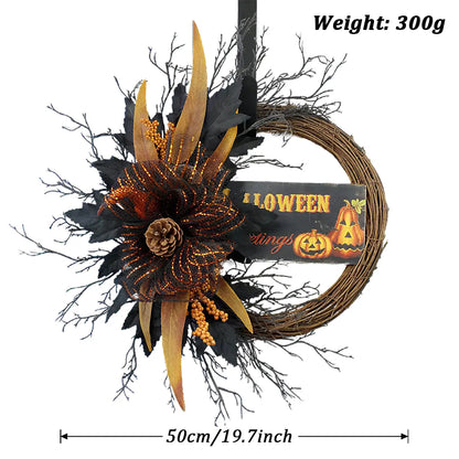 Halloween Glitter Pumpkin Spider Wreath for Front Door, Orange Black Berries Wreath for Indoor Outdoor Halloween Home Decor, Thanksgiving, Autumn Celebrations, Porch, Entryway, Mantel and Wall