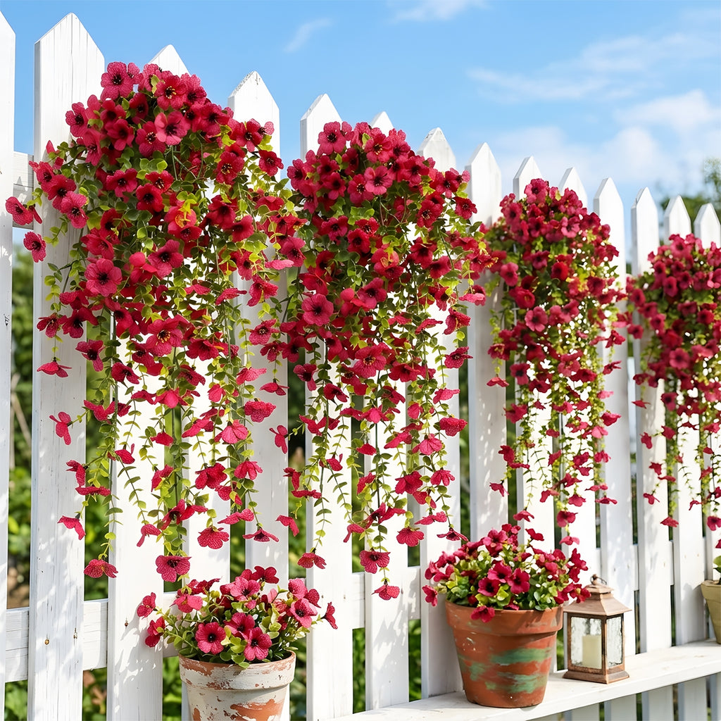 Artificial Hanging Flowers for Outdoors, Morning Glory Artificial Flowers with Eucalyptus Leaves, UV Resistant Fake Flower Realistic Faux Plants for Home Patio Porch Garden