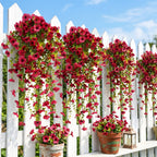 Artificial Hanging Flowers for Outdoors, Morning Glory Artificial Flowers with Eucalyptus Leaves, UV Resistant Fake Flower Realistic Faux Plants for Home Patio Porch Garden