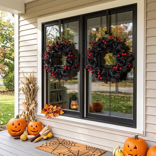 Gothic black rose Halloween wreath with red berries and spider accents displayed on a front door for Halloween decor

