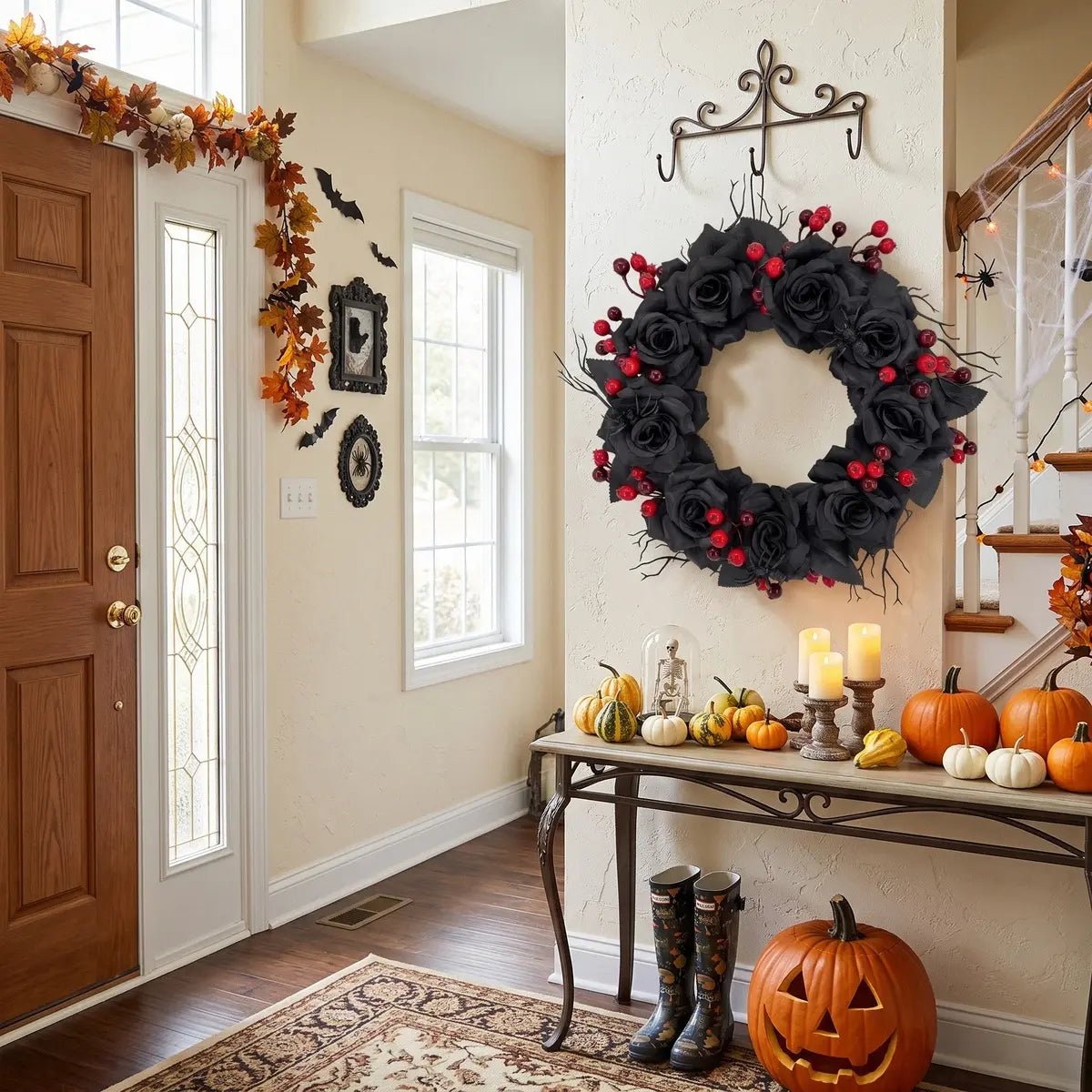 Black Rose Gothic Halloween Wreath with Red Berry & Spider – 16in