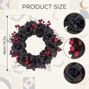 Black Rose Gothic Halloween Wreath with Red Berry & Spider – 16in