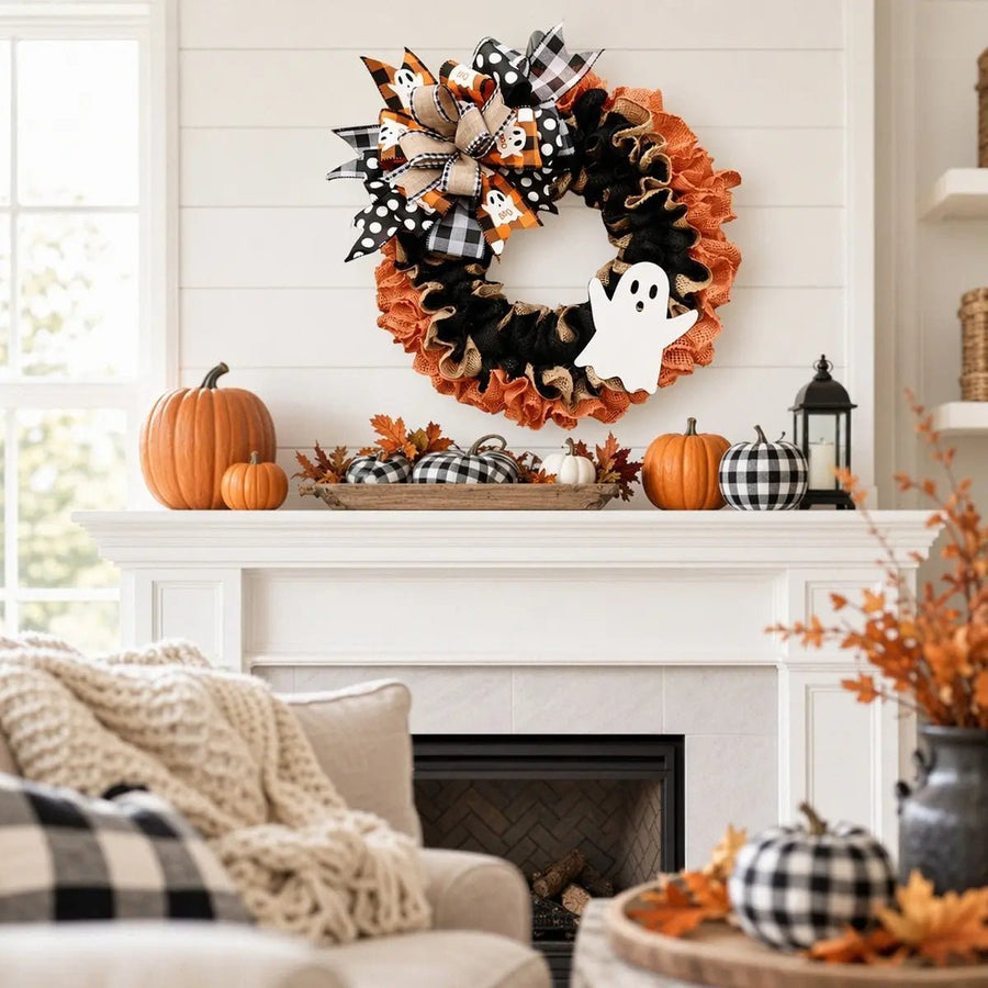 Ghost Head Mesh Halloween Wreath Orange Black White – 16in