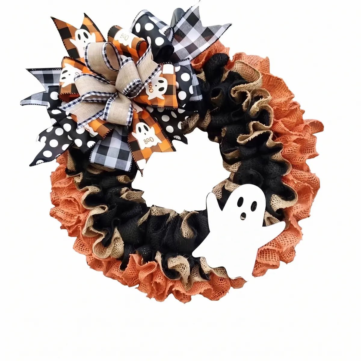 Orange black mesh Halloween wreath with ghost decoration on white background