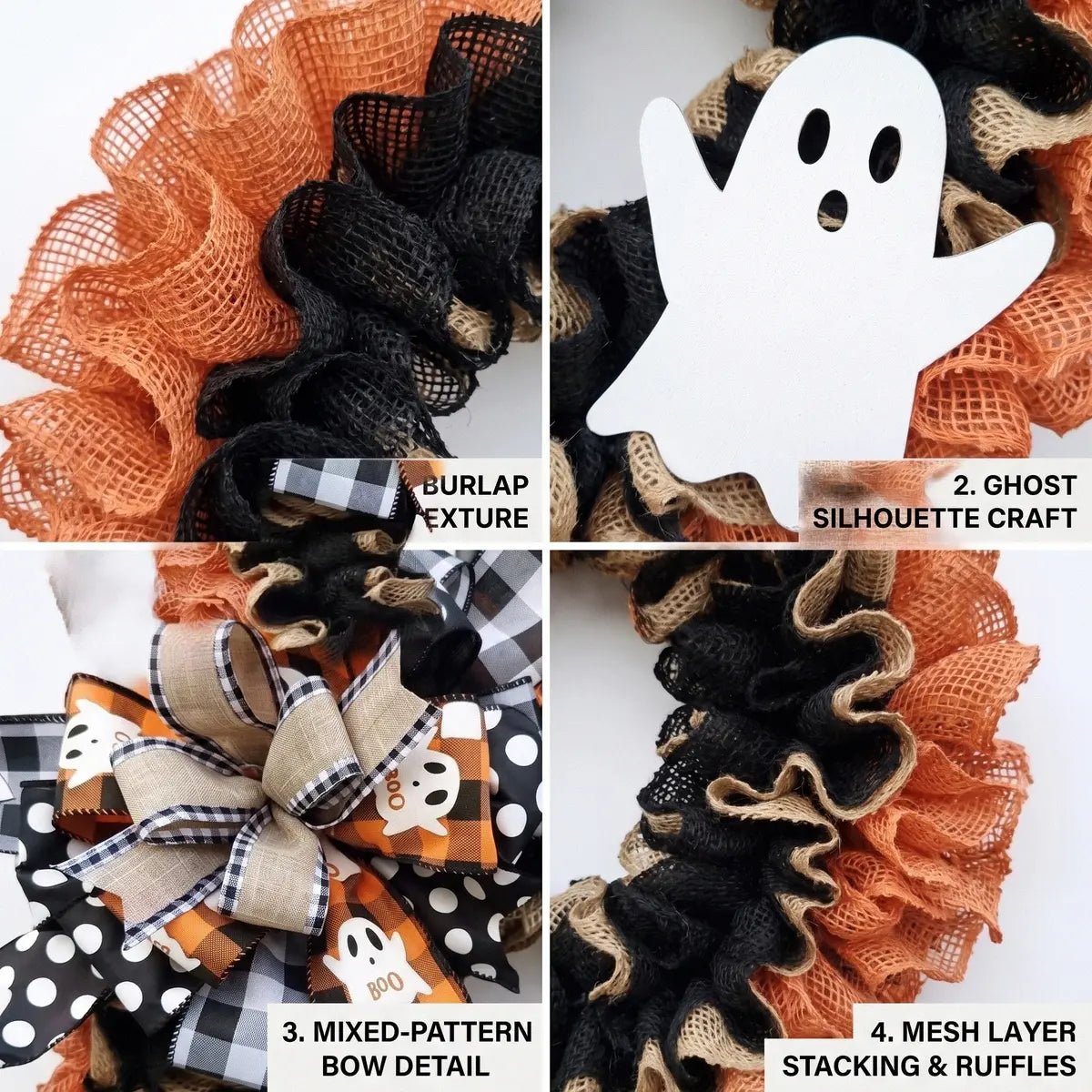 Halloween ghost wreath close-up showing white ghost accent and plaid polka dot bow