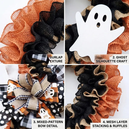 Halloween ghost wreath close-up showing white ghost accent and plaid polka dot bow