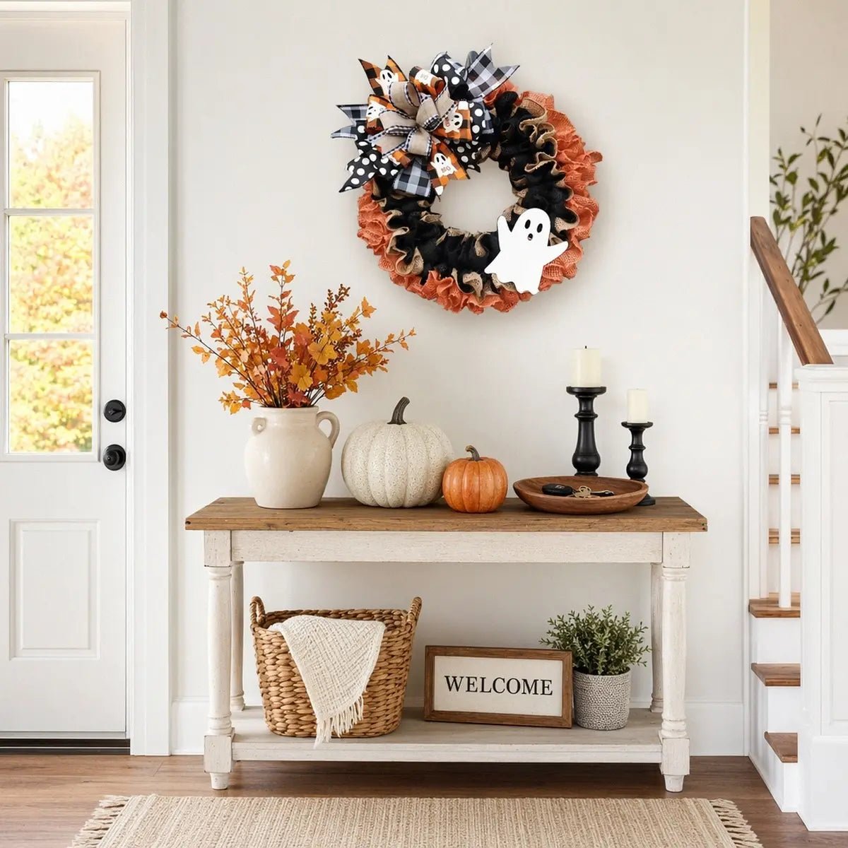 IPOPU Halloween ghost wreath displayed on front door