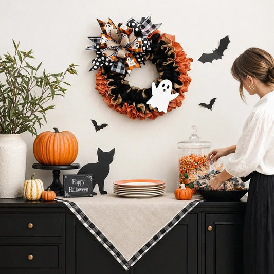 Halloween ghost wreath with layered orange and black burlap mesh, ghost head and tail detail, product flat lay on white background