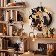 Pre-Lit Black Cat Half Moon Halloween Wreath – 16in