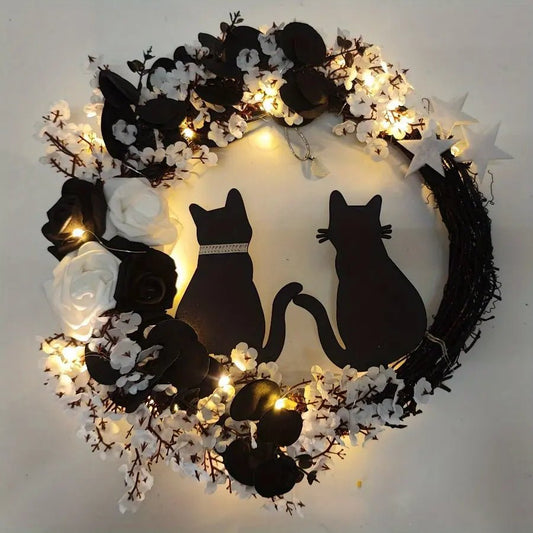 15.75" Pre-Lit Halloween Wreath for Front Door | Half Moon, Black Cat & Rose Floral DesignHalloween Wreath15.75" Pre-Lit Halloween Wreath for Front Door | Half Moon, Black Cat & Rose Floral DesignIPOPU