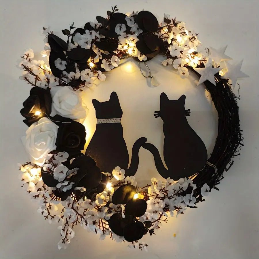 Pre-Lit Black Cat Half Moon Halloween Wreath – 16in