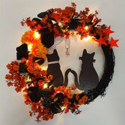 Pre-Lit Black Cat Half Moon Halloween Wreath – 16in