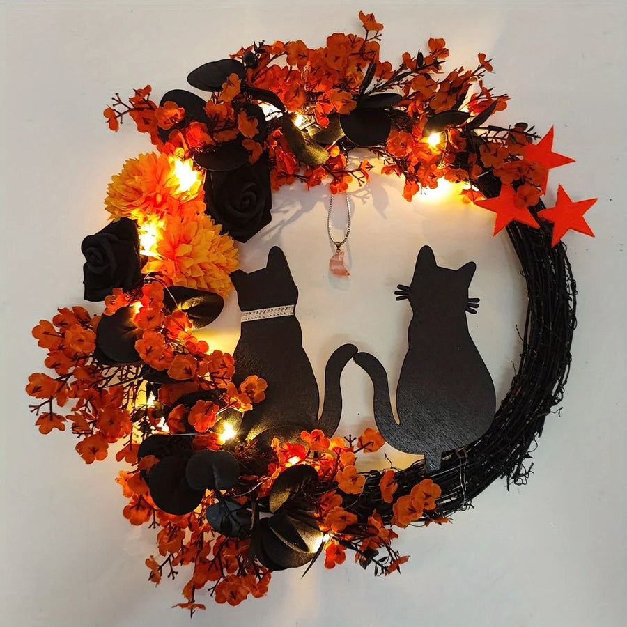 Pre-Lit Black Cat Half Moon Halloween Wreath – 16in