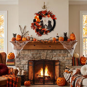 Pre-Lit Black Cat Half Moon Halloween Wreath – 16in