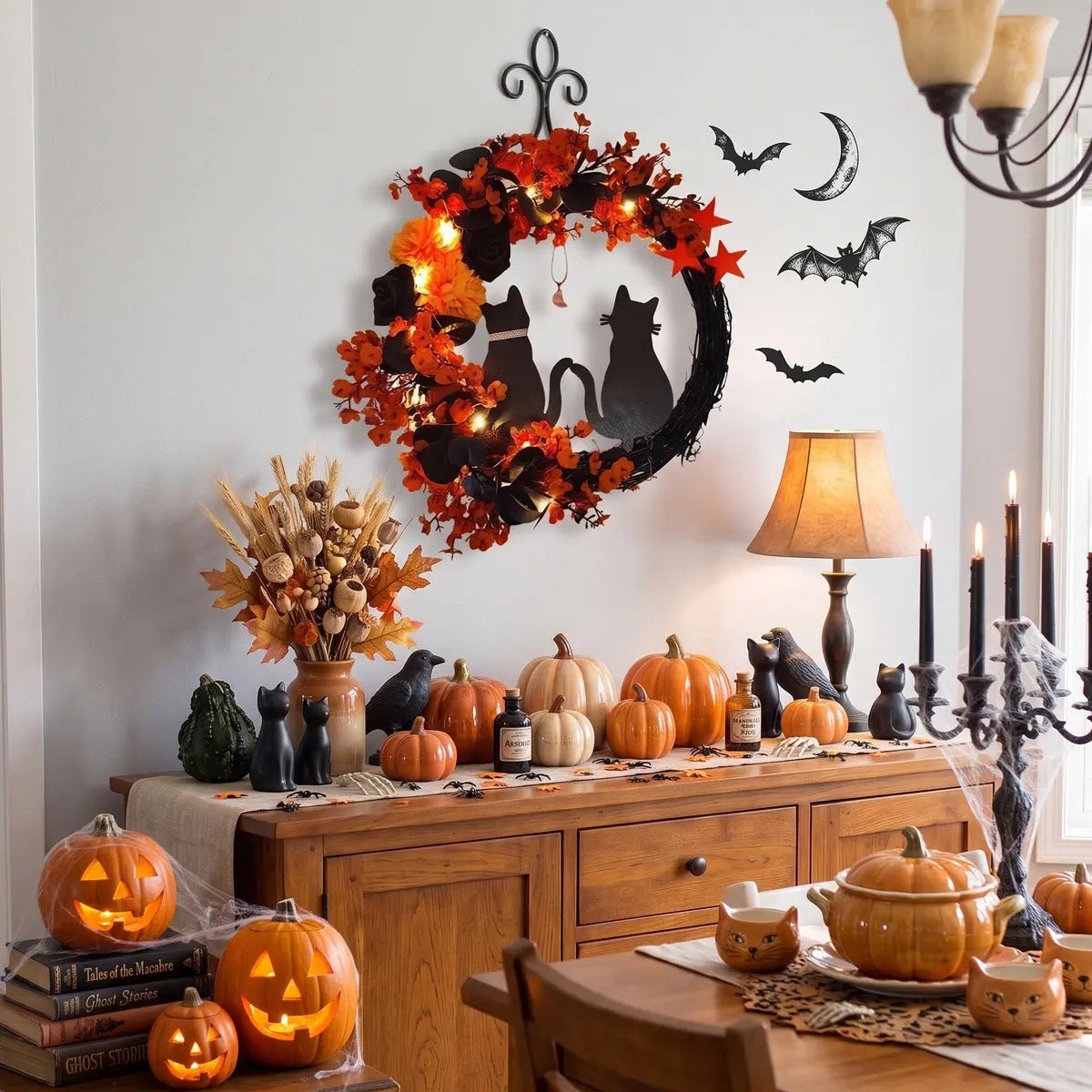 15.75" Pre-Lit Halloween Wreath for Front Door | Half Moon, Black Cat & Rose Floral DesignHalloween Wreath15.75" Pre-Lit Halloween Wreath for Front Door | Half Moon, Black Cat & Rose Floral DesignIPOPU