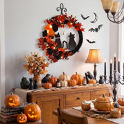 Pre-Lit Black Cat Half Moon Halloween Wreath – 16in