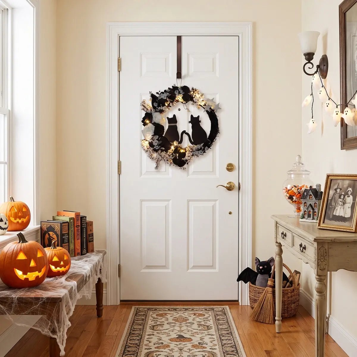 15.75" Pre-Lit Halloween Wreath for Front Door | Half Moon, Black Cat & Rose Floral DesignHalloween Wreath15.75" Pre-Lit Halloween Wreath for Front Door | Half Moon, Black Cat & Rose Floral DesignIPOPU