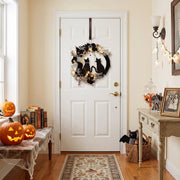 Pre-Lit Black Cat Half Moon Halloween Wreath – 16in