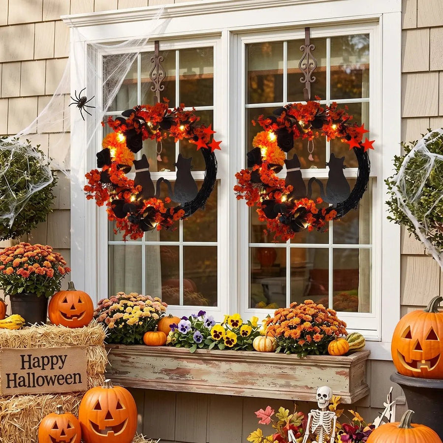 Pre-Lit Black Cat Half Moon Halloween Wreath – 16in