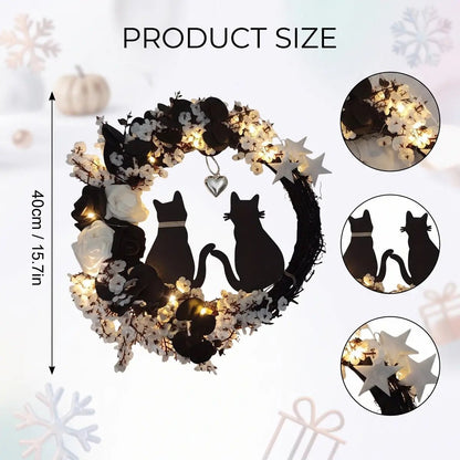 Product size chart for Halloween wreath with black cat and half moon design
