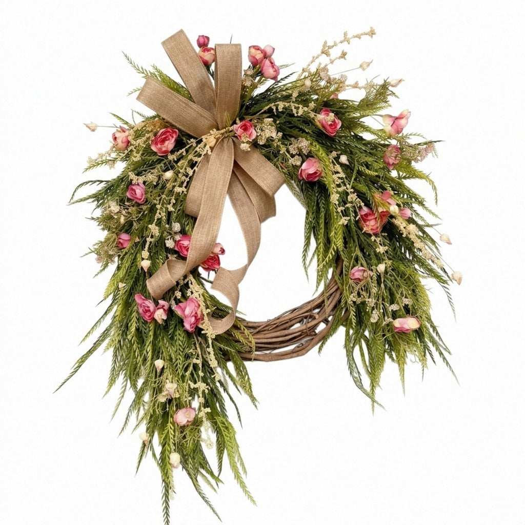Flower Wreath with Burlap Bow, Artificial Spring and Summer for Front Door Wreath Pink Peony Wreath Garden Party Home Wall Wedding Decor