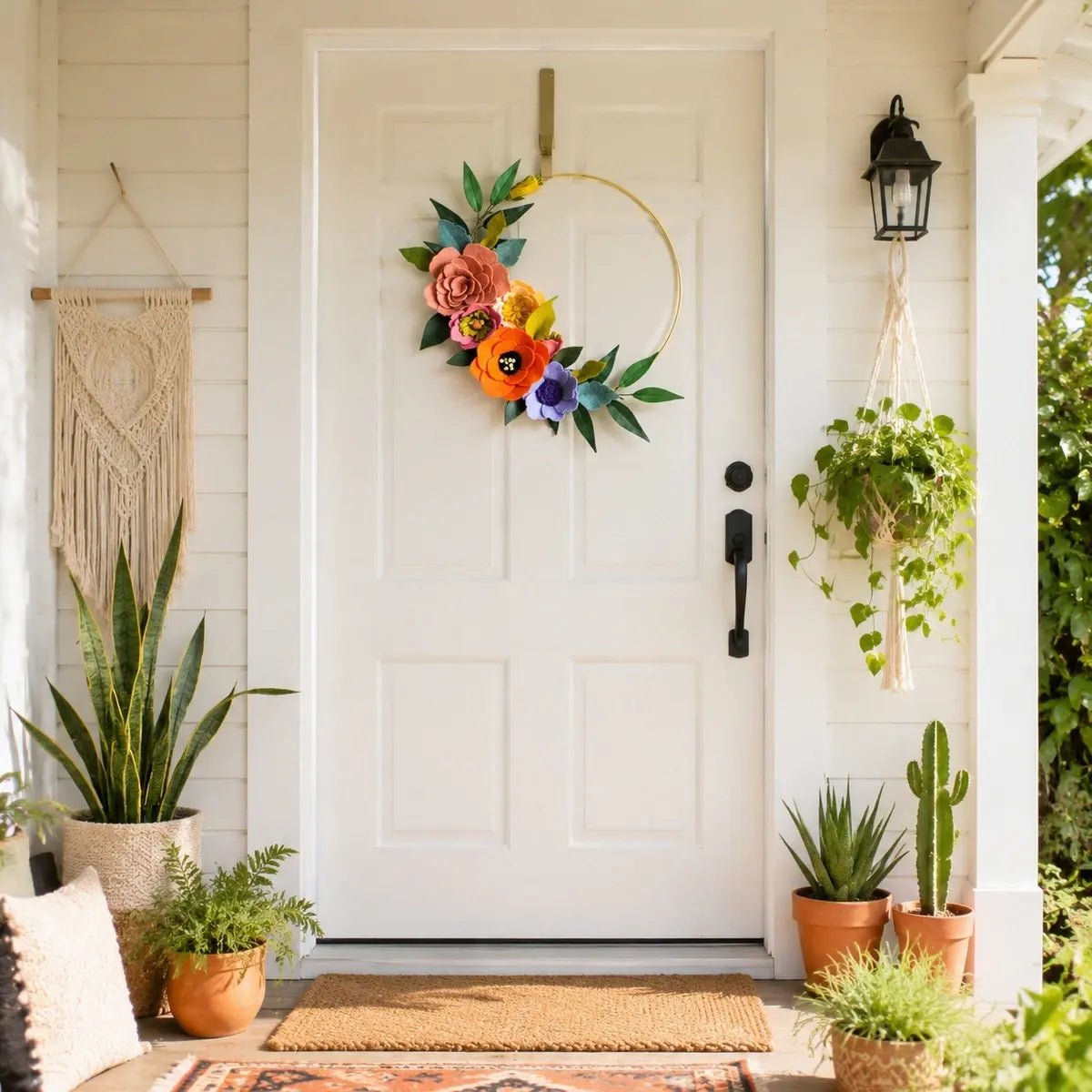 Artificial floral hoop wreath with orange roses hanging on white front door, boho porch decor
