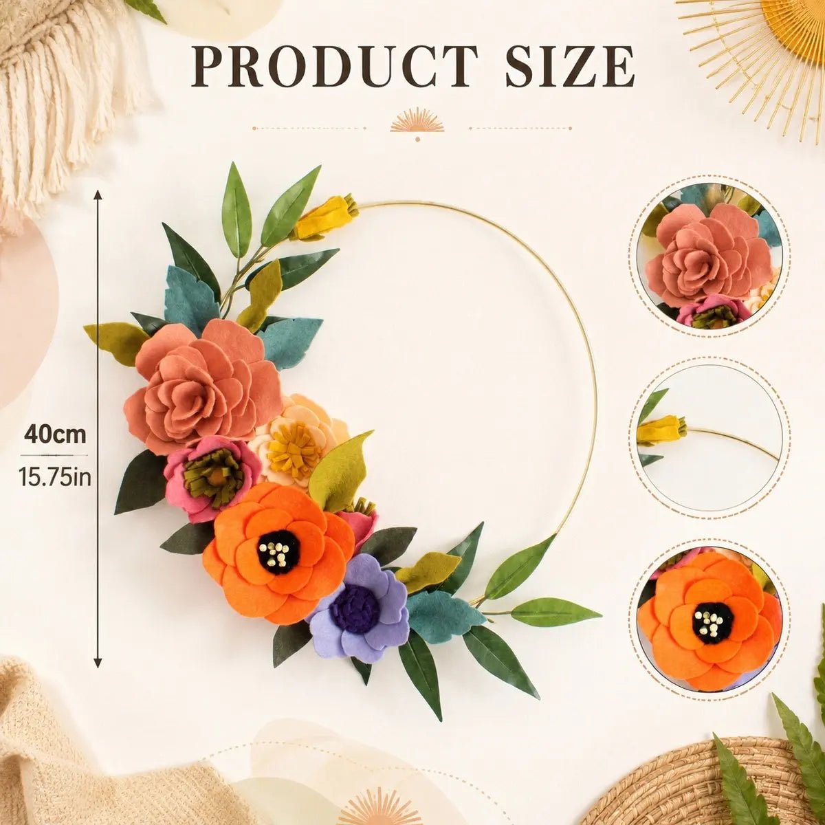 Orange artificial rose hoop wreath size chart, 40cm 15.75in iron round frame with flower detail closeups

